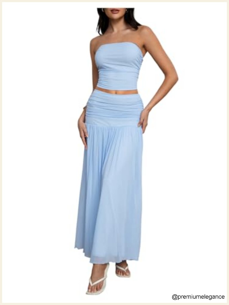 2pc Ruched Bandeau Crop Top & Pleated Mesh Maxi Skirt Set